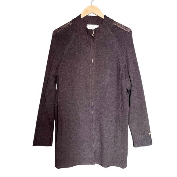St. John Sport Long Full Zip Cardigan Charcoal Gray Mock Neck Size Large Luxury - Picture 1 of 9